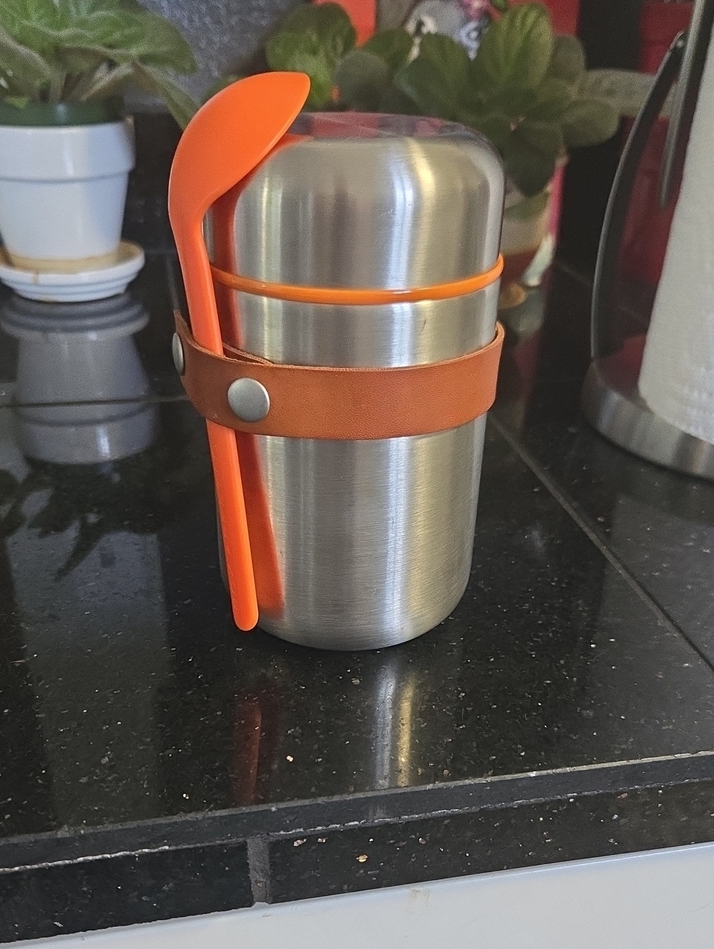Stainless Steel Food Container with Orange Spoon and Strap